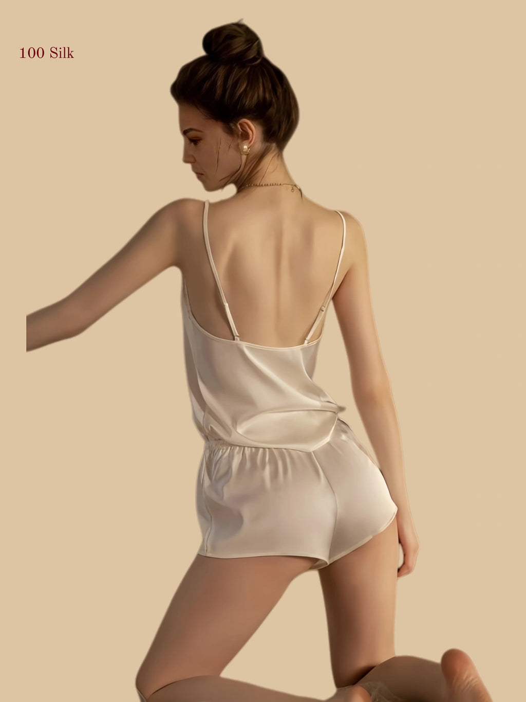 off-white 19mm silk cami short set back view with slim straps and smooth back camisole