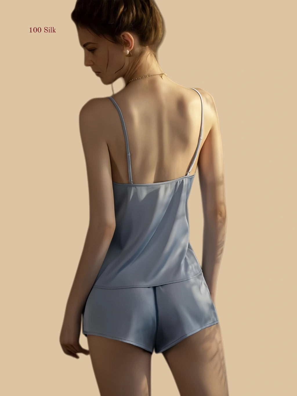 SKY blue 19mm silk cami short set back view with slim straps and smooth back camisole
