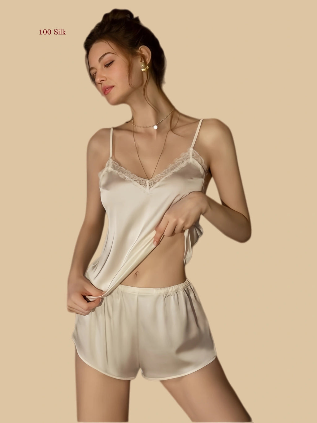 off-white 19mm silk cami short set front view with lace-trim neckline and elastic-waist shorts