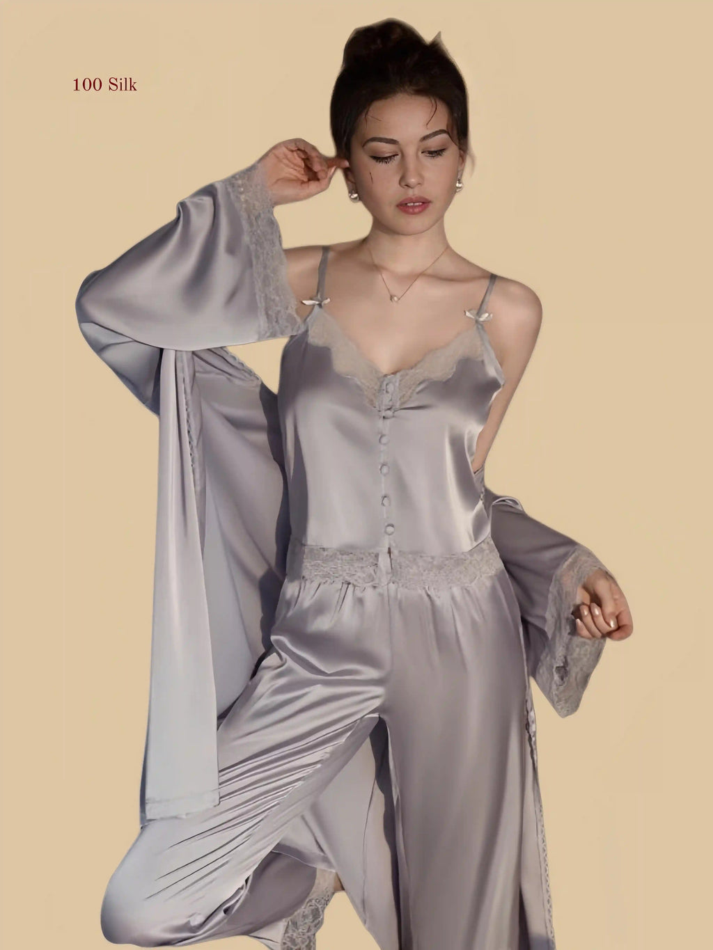 Light purple 19mm three-piece silk set front view with lace-trim button camisole, long pants, and matching robe