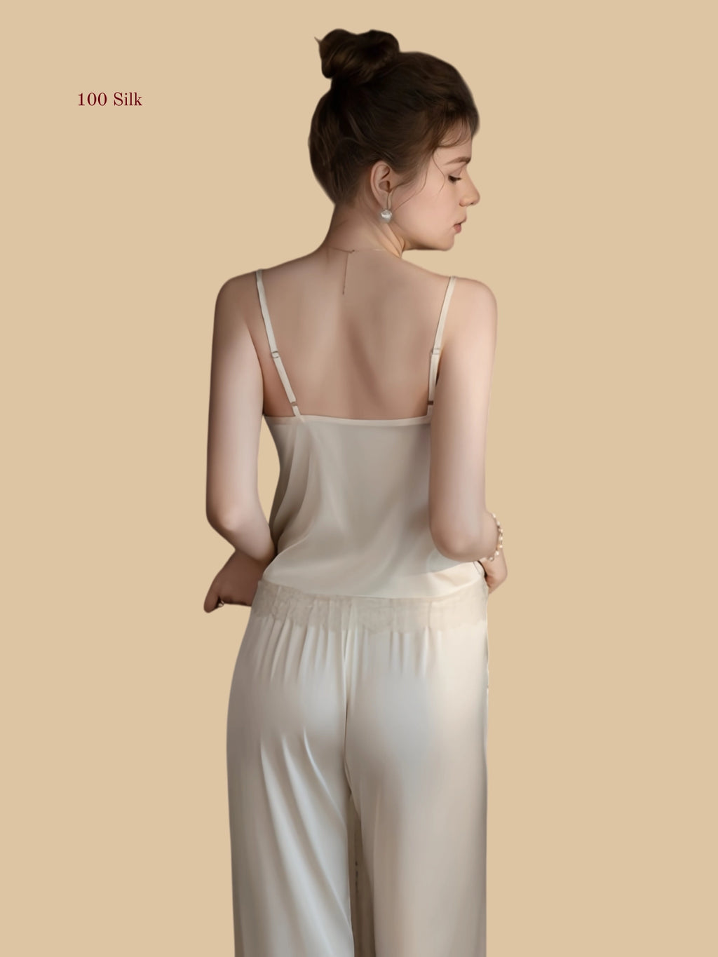 Pearl White 19mm silk cami and pants back view with adjustable straps and full-length trousers