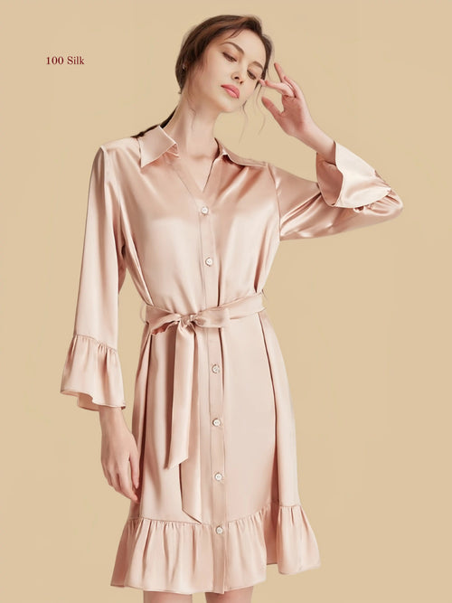 Pink 16mm silk shirt dress nightgown front view with tie waist and ruffle hem