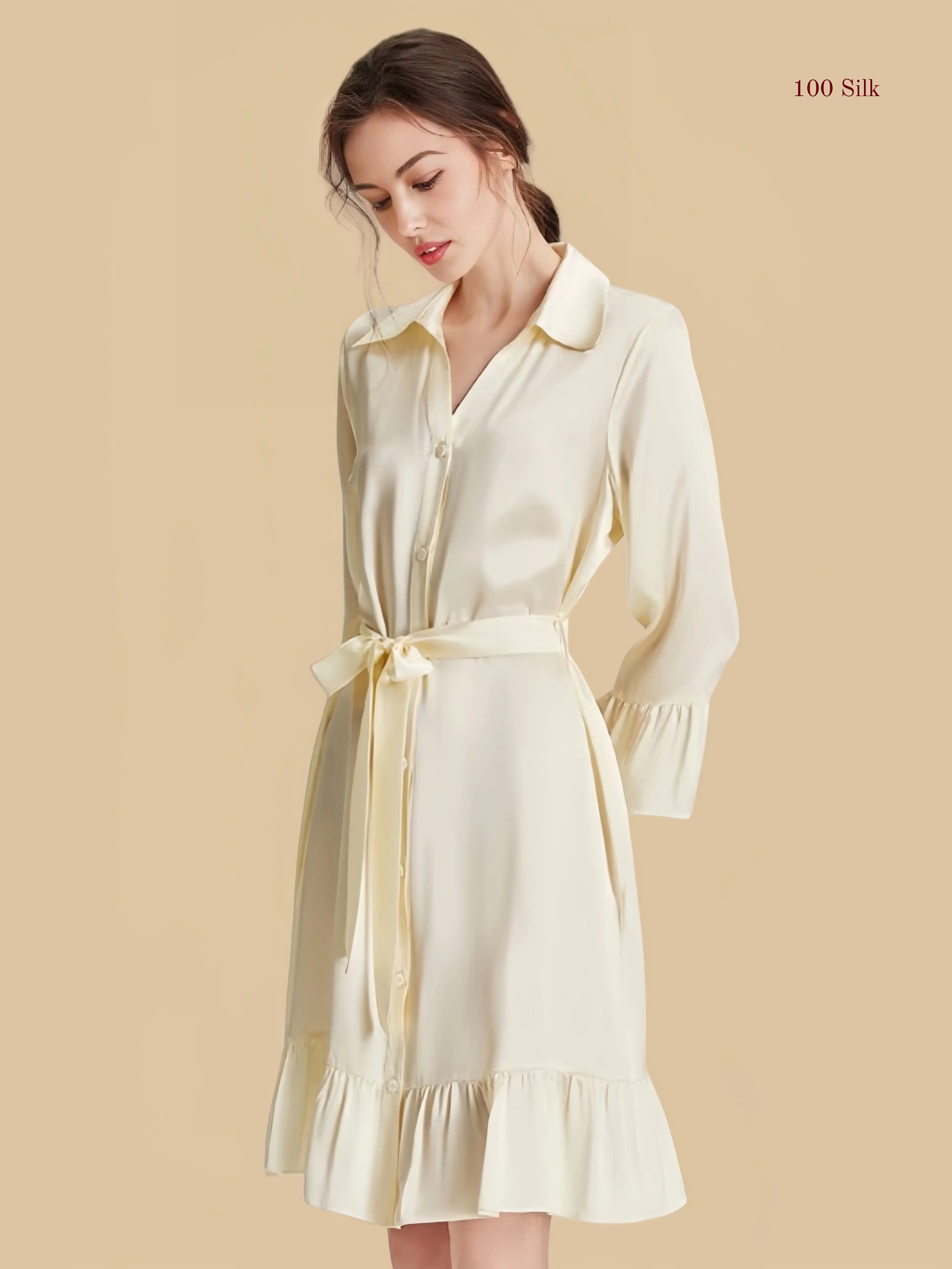 Gentle Silk Long Sleeve Shirt Dress - 100% Mulberry Silk Silk Nightgown And Robe Set | Silkgala