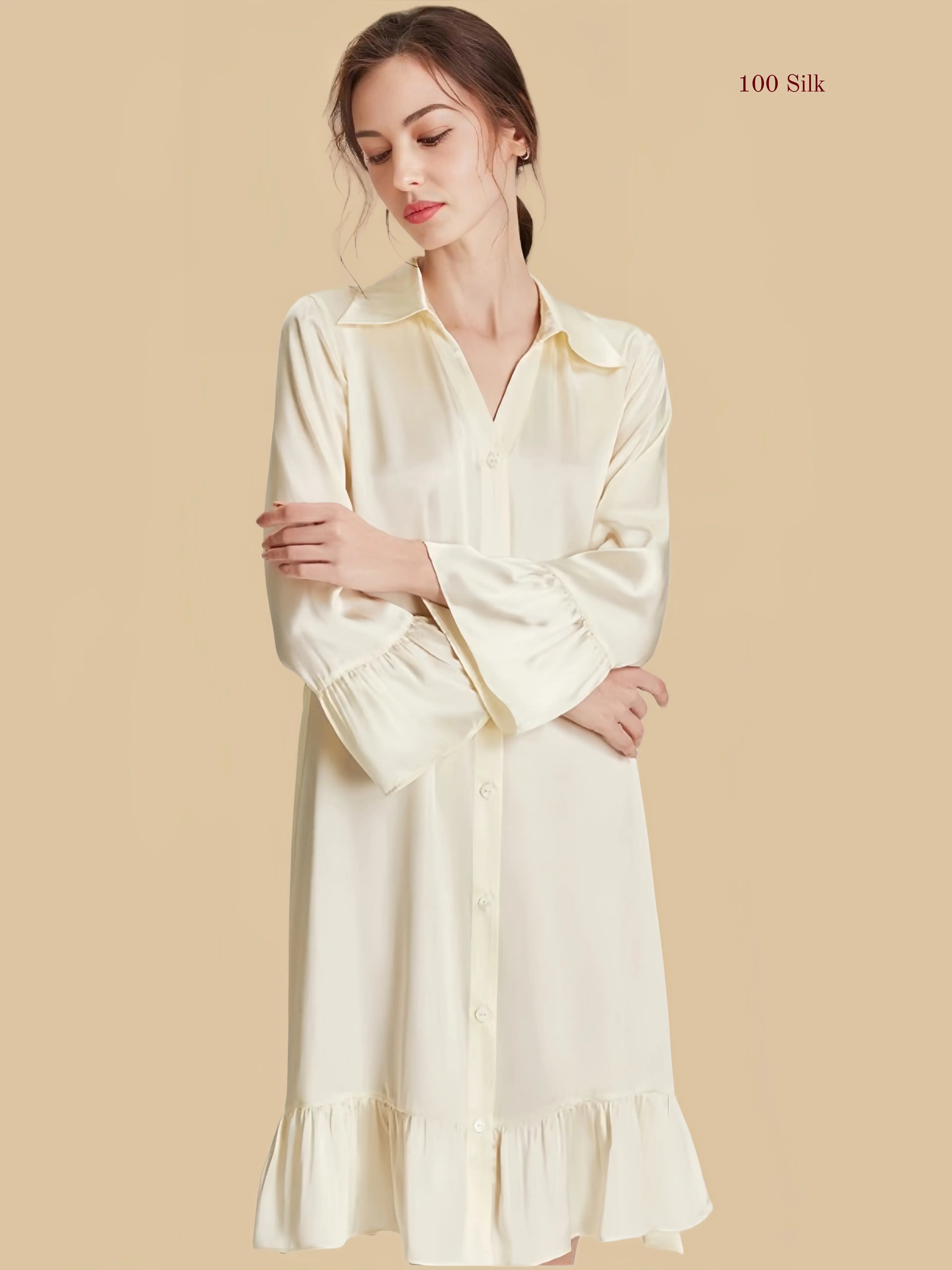 Gentle Silk Long Sleeve Shirt Dress - 100% Mulberry Silk Silk Nightgown And Robe Set | Silkgala