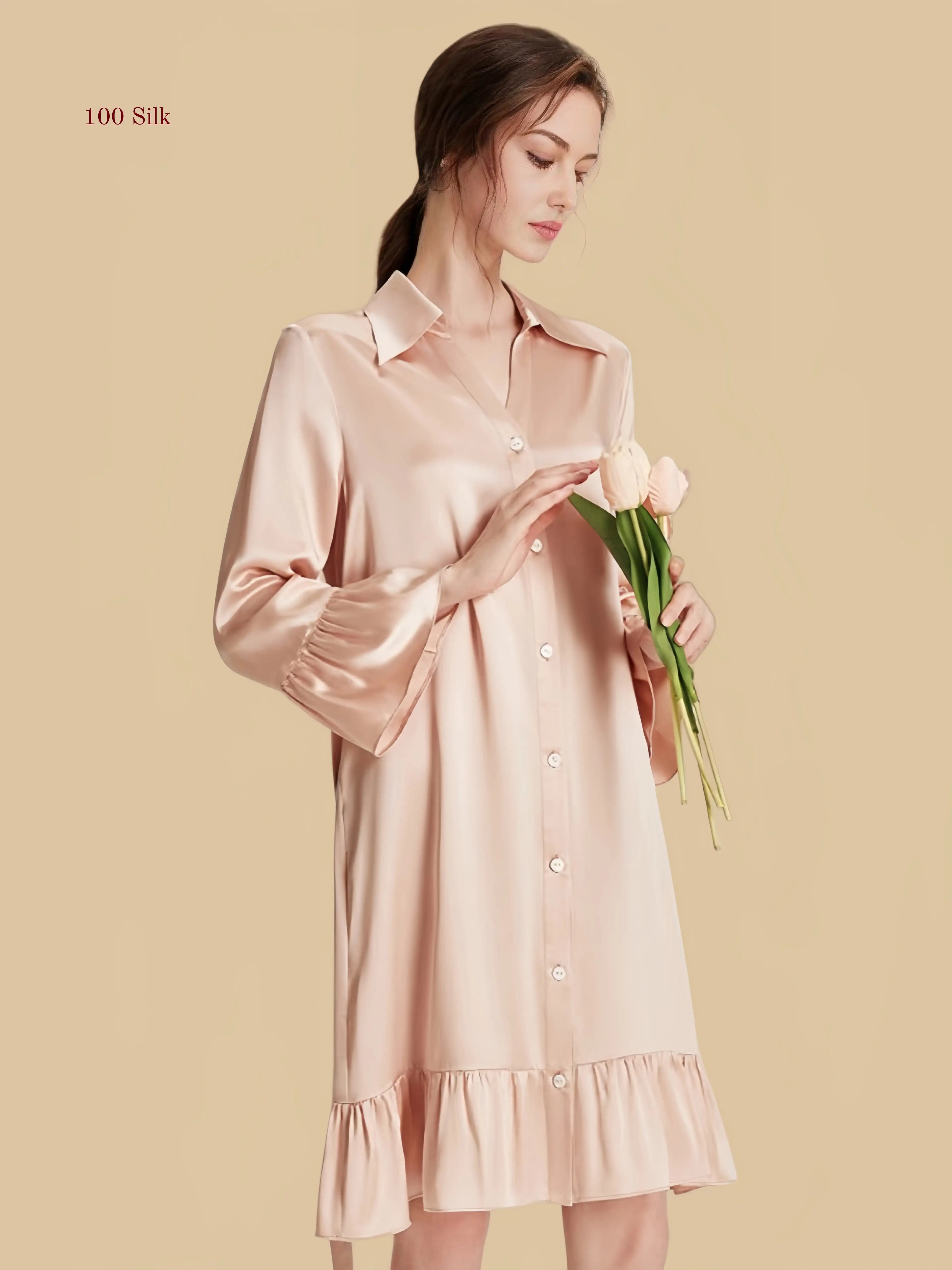 Gentle Silk Long Sleeve Shirt Dress - 100% Mulberry Silk Silk Nightgown And Robe Set | Silkgala
