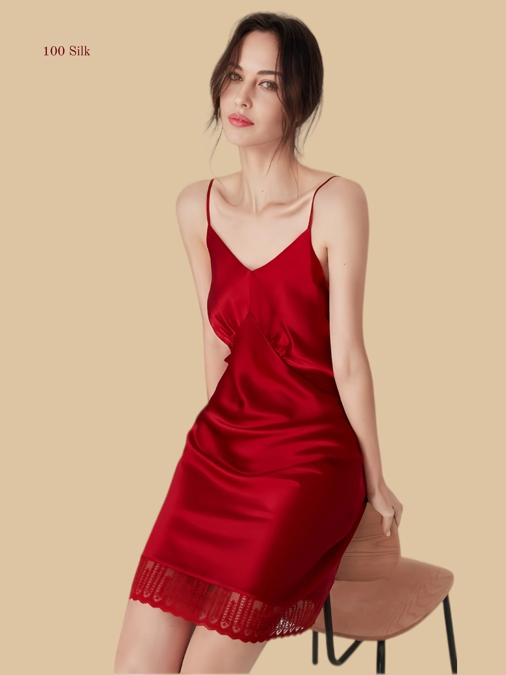 16mm burgundy mulberry silk slip dress with floral lace hem and thin adjustable straps red.