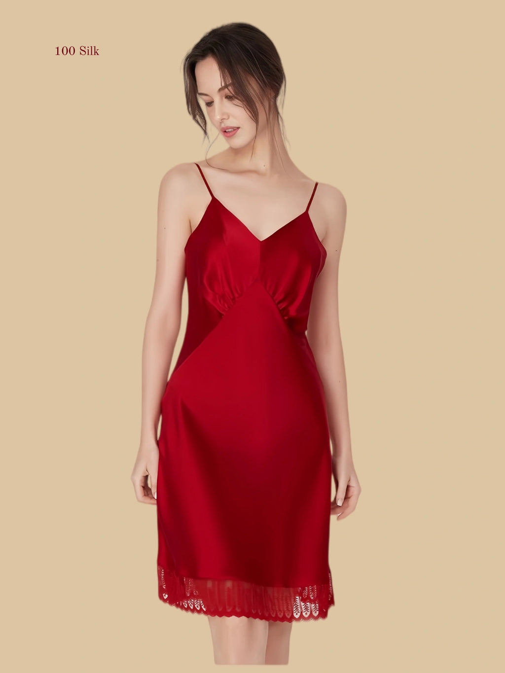 16mm burgundy mulberry silk slip dress with floral lace hem and thin adjustable straps red.