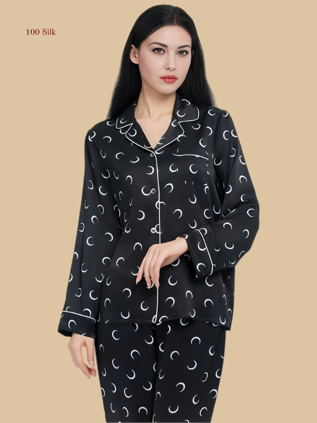 Black 19mm moon print pajama set back view with long sleeves and straight-leg pants
