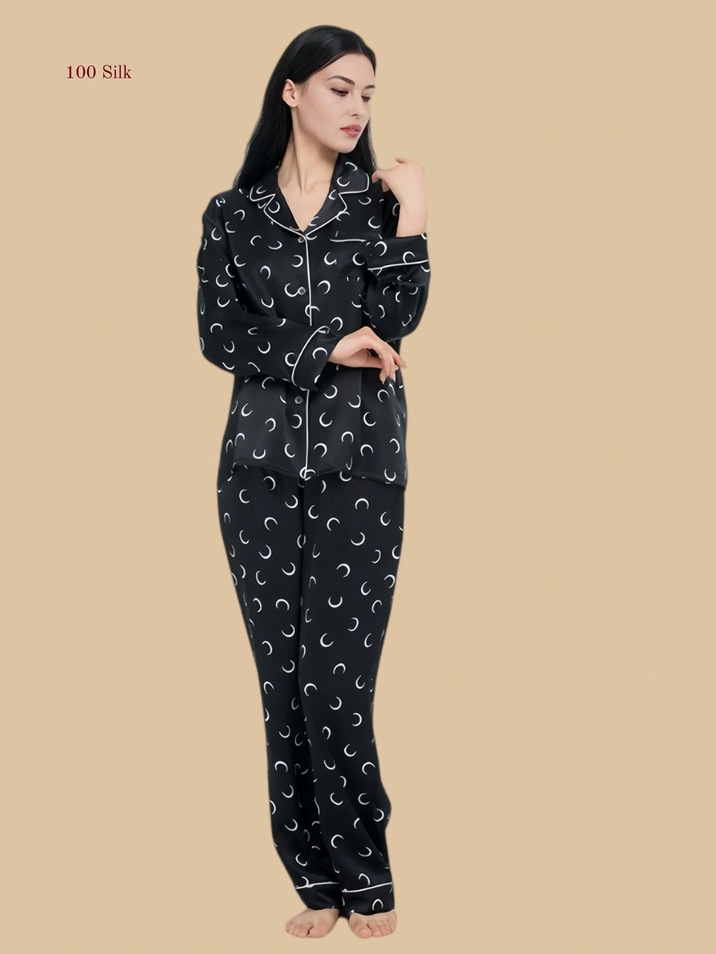Black 19mm moon print pajama set front view with contrast piping and full-length pants