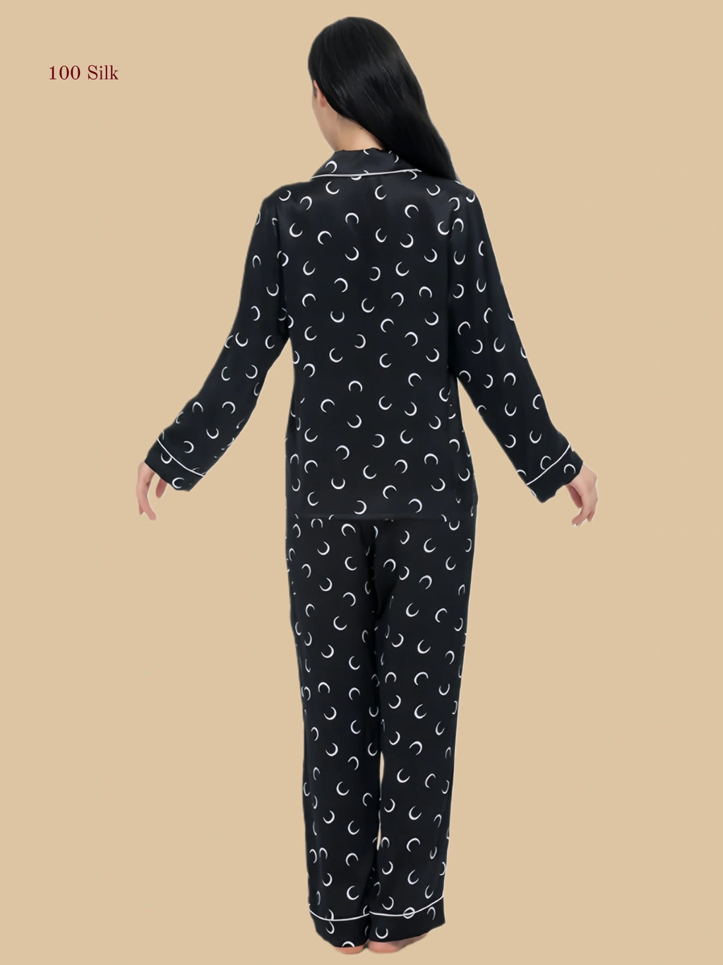 Black 19mm moon print pajama set back view with long sleeves and straight-leg pants