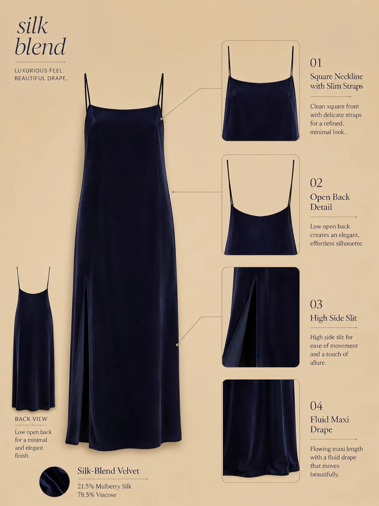 Navy heavyweight silk-blend maxi dress with slim shoulder straps, square neckline, open back, high side slit, and fluid full-length drape shown in a flat-lay product detail image.