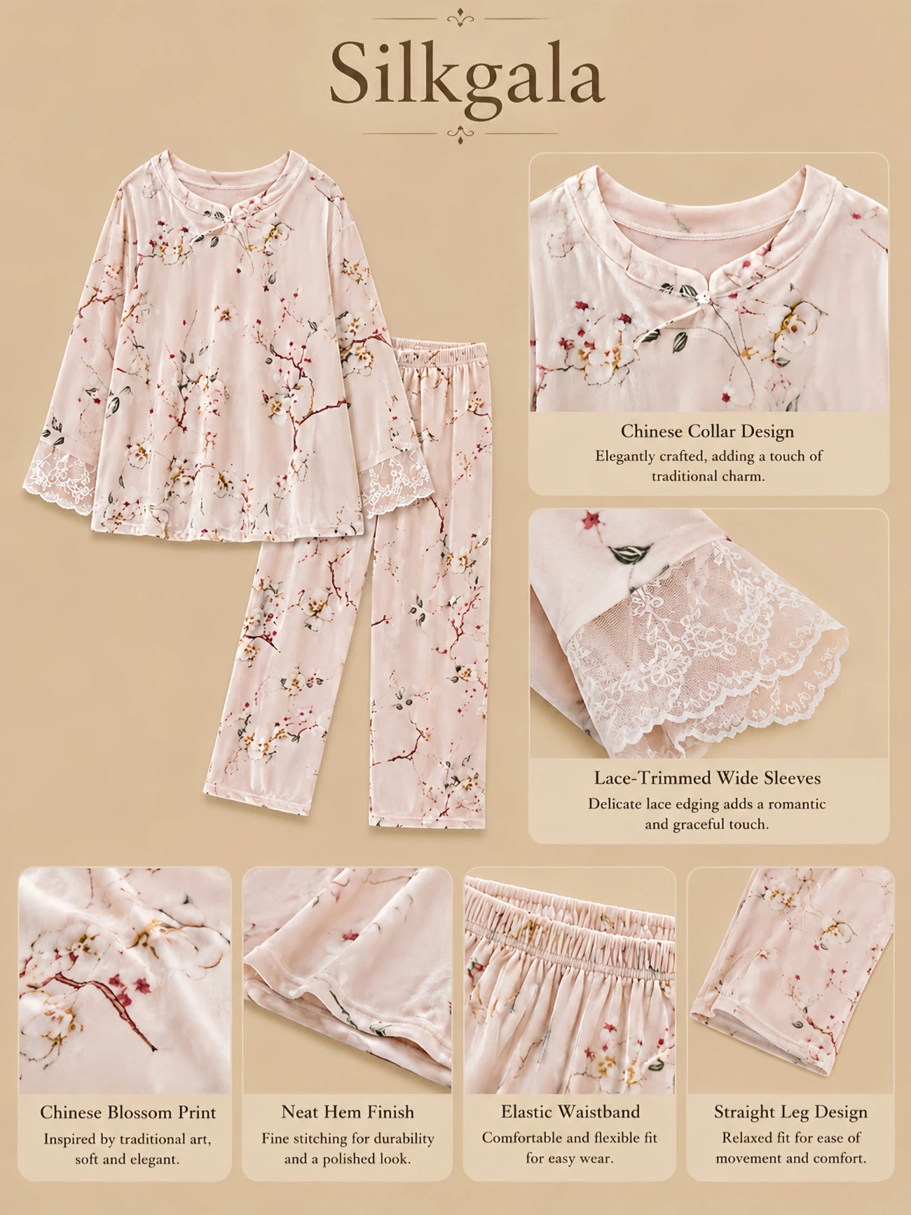 Silkgala heavyweight velvet home set detail image featuring a soft pink Chinese blossom print, round neckline with center tie, lace-trimmed wide sleeves, elastic waistband, and straight-leg trousers.