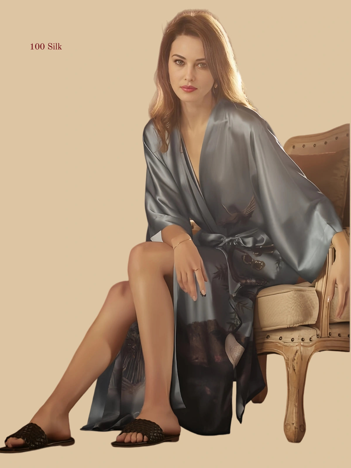 Heavyweight Silk Printed Bathrobe Kimono Style - 100% Mulberry Silk Silk Nightgown And Robe Set | Silkgala