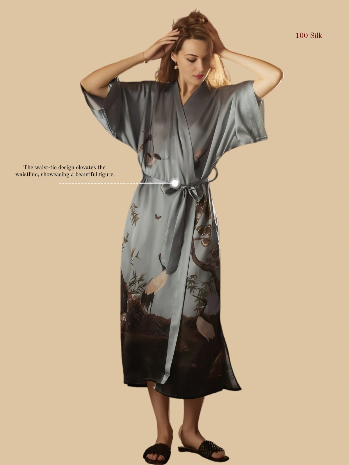 Heavyweight Silk Printed Bathrobe Kimono Style - 100% Mulberry Silk Silk Nightgown And Robe Set | Silkgala