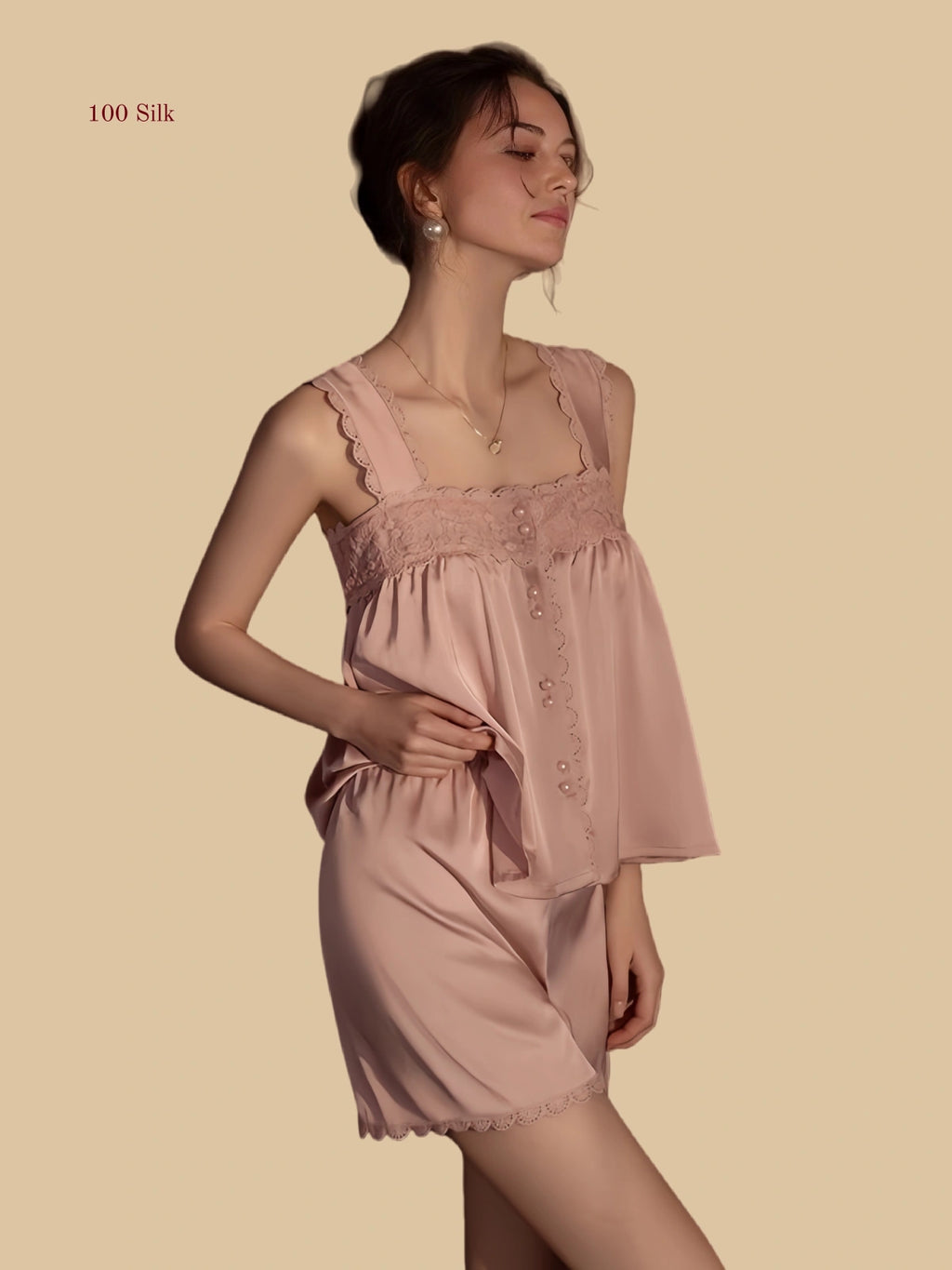 Pink 19mm silk cami set front view with gathered top and matching shorts