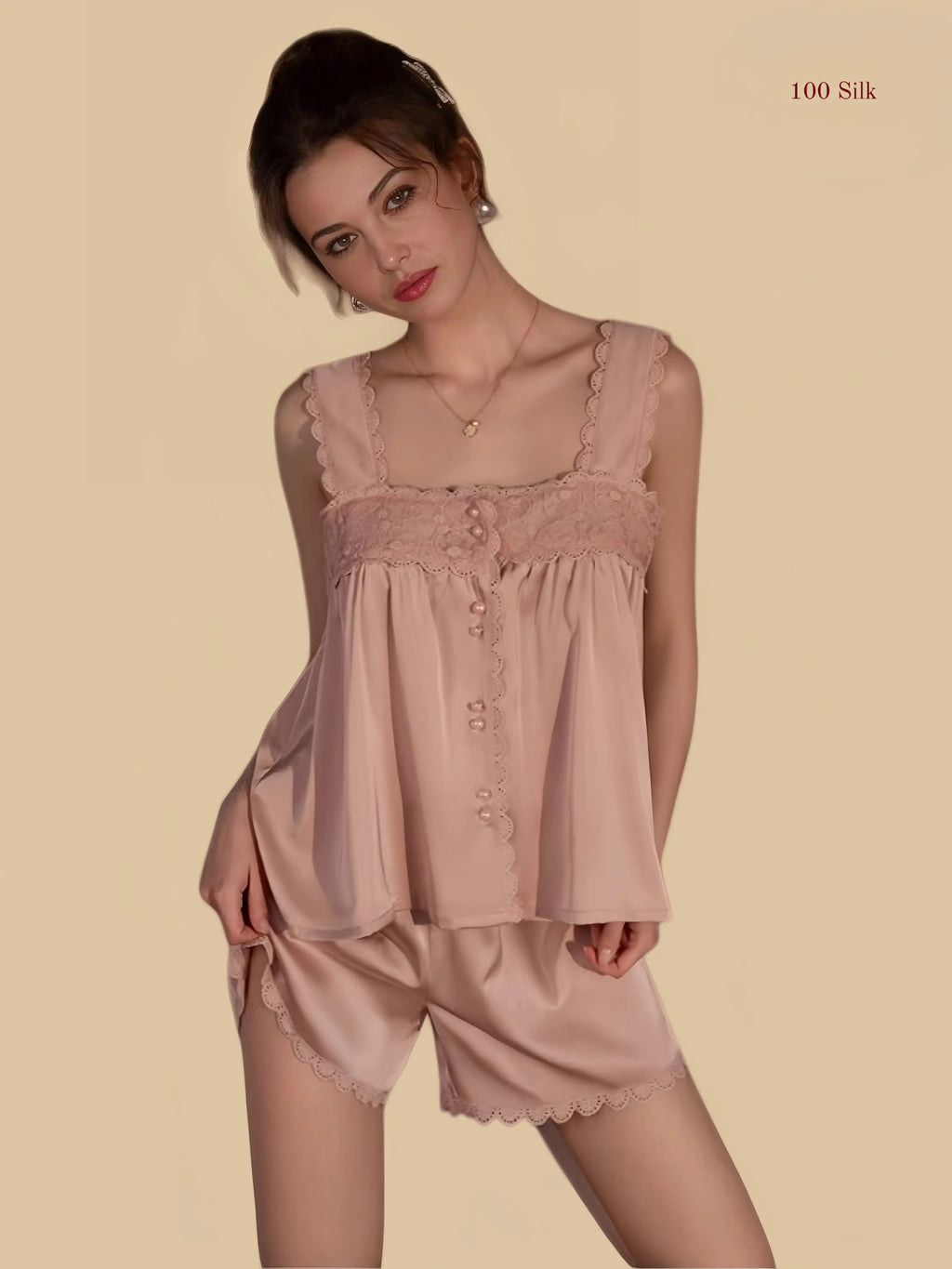 Pink 19mm silk cami set front view with gathered top and matching shorts