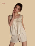 off-white 19mm silk cami set front view with wide lace straps and gathered yoke