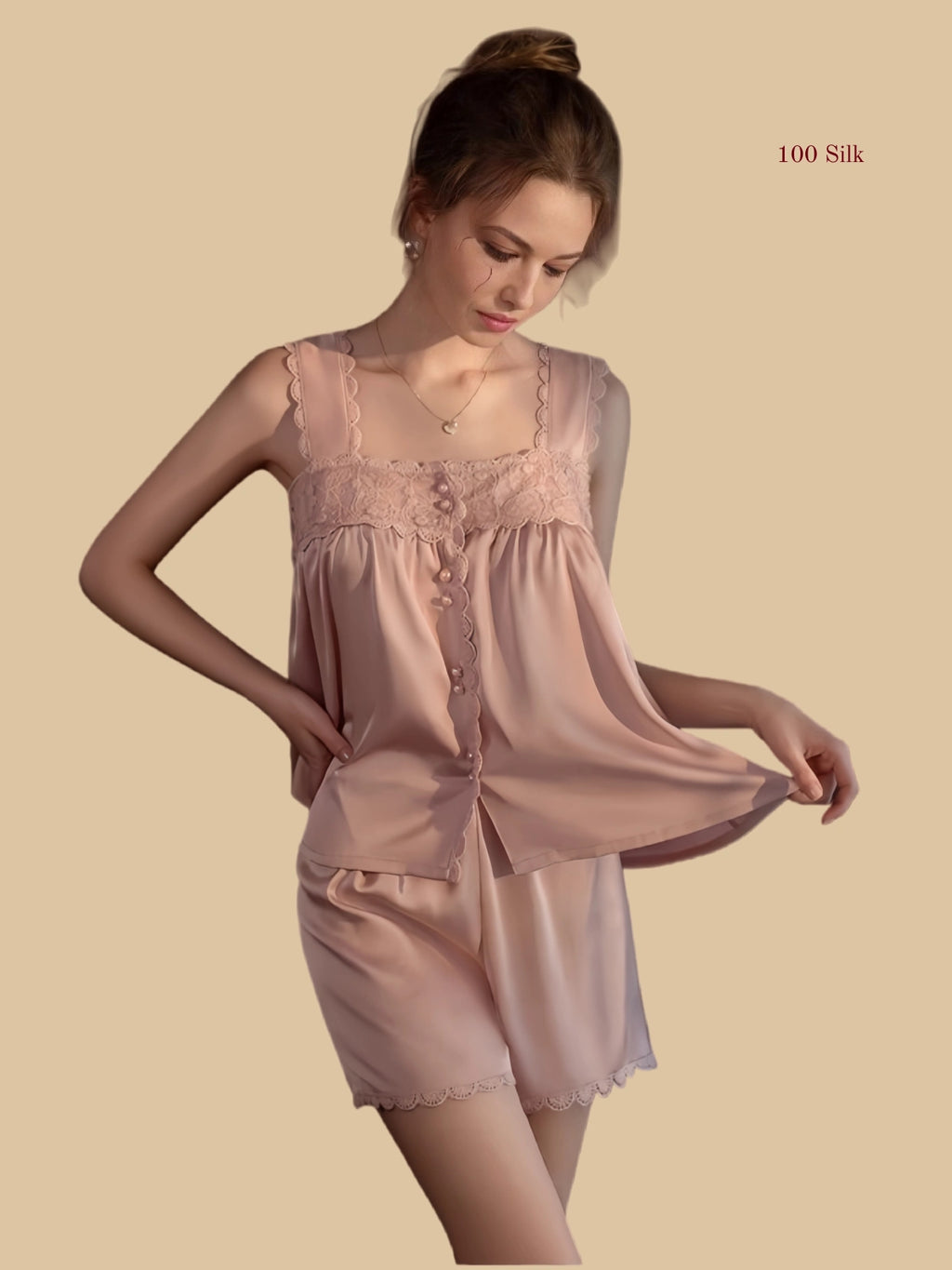Pink 19mm silk cami set front view with gathered top and matching shorts