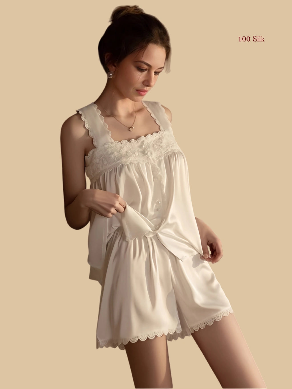off-white 19mm silk cami set front view with wide lace straps and gathered yoke