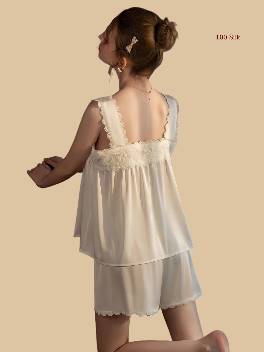off-white 19mm silk cami set back view with wide scalloped straps and loose camisole shape