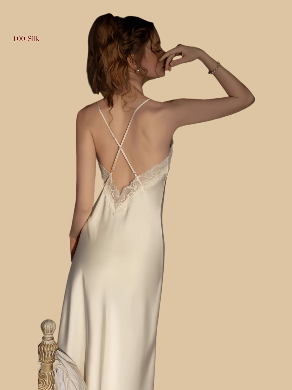 Back view of 19mm silk nightdress with cross-back detail in Champagne