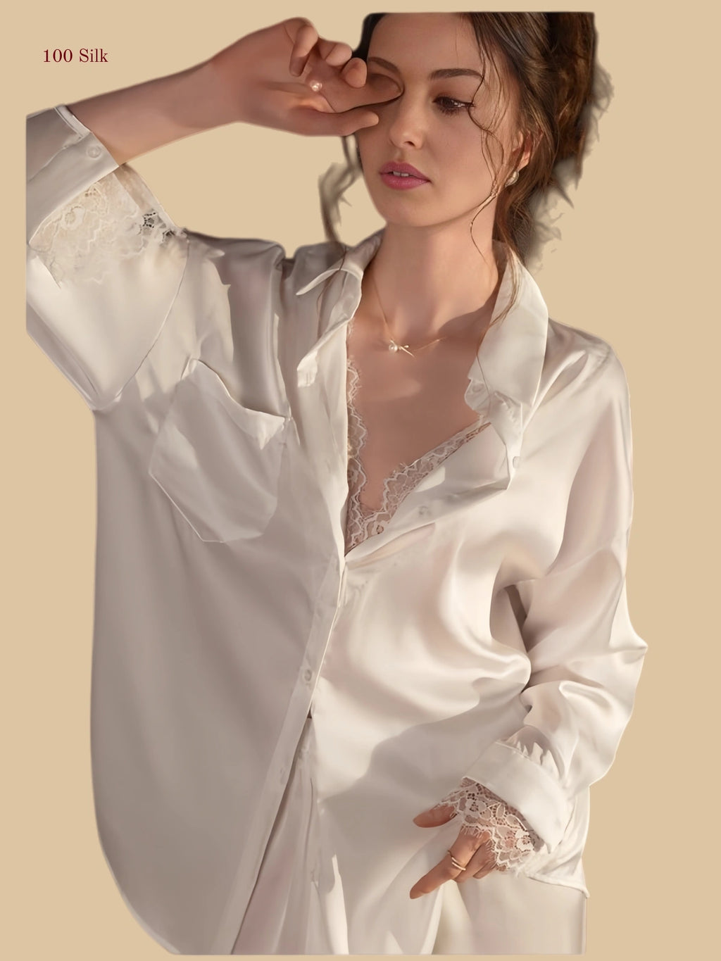 White 19mm silk open-back loungewear two-piece with breathtaking floral lace front”