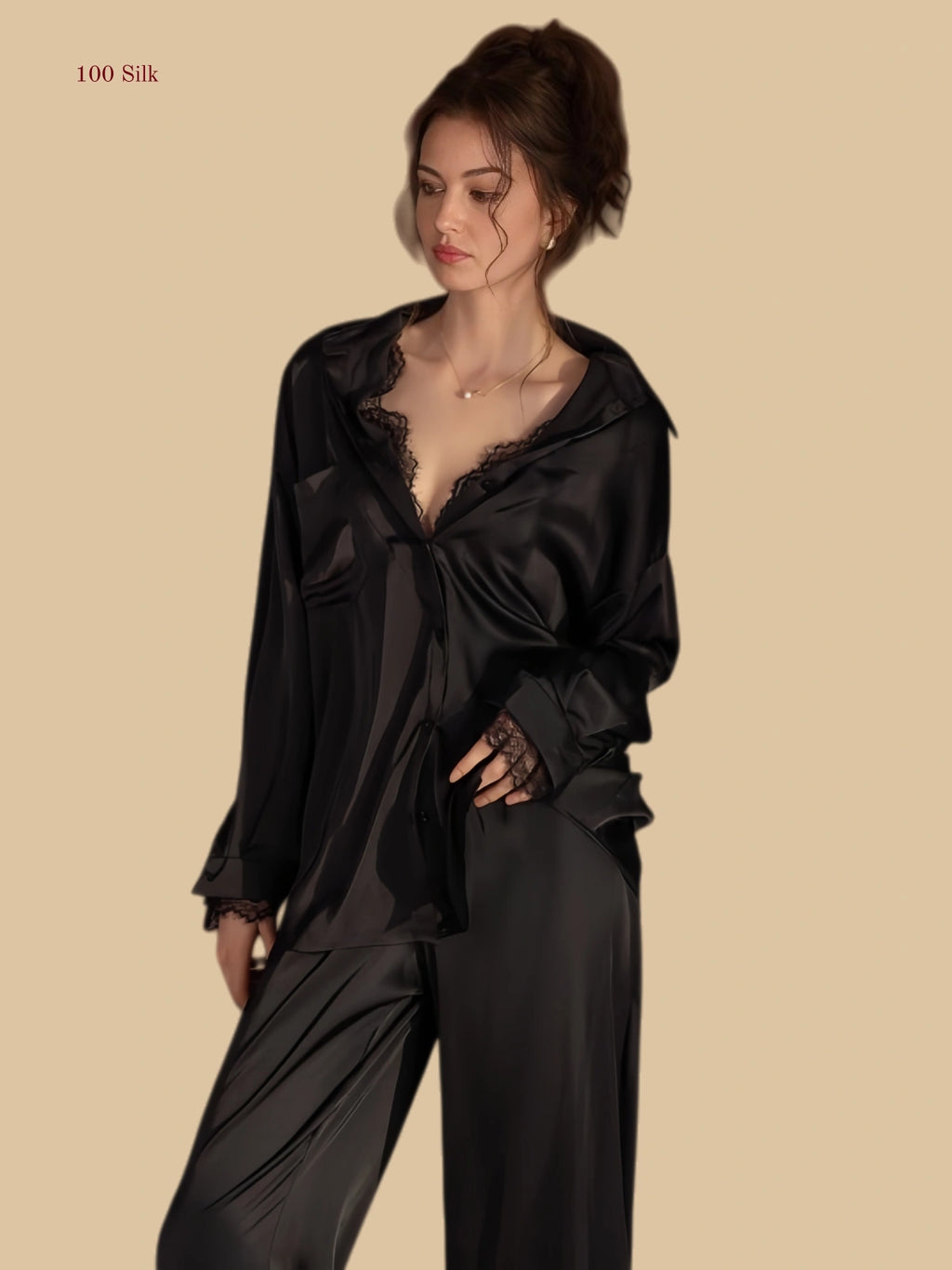 Black 19mm silk open-back loungewear two-piece with breathtaking floral lace front