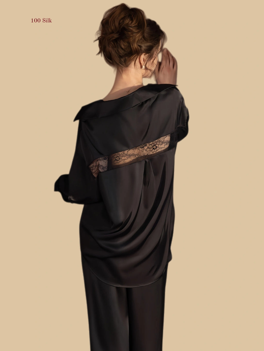 Black 19mm silk open-back loungewear two-piece back with floral lace detail”