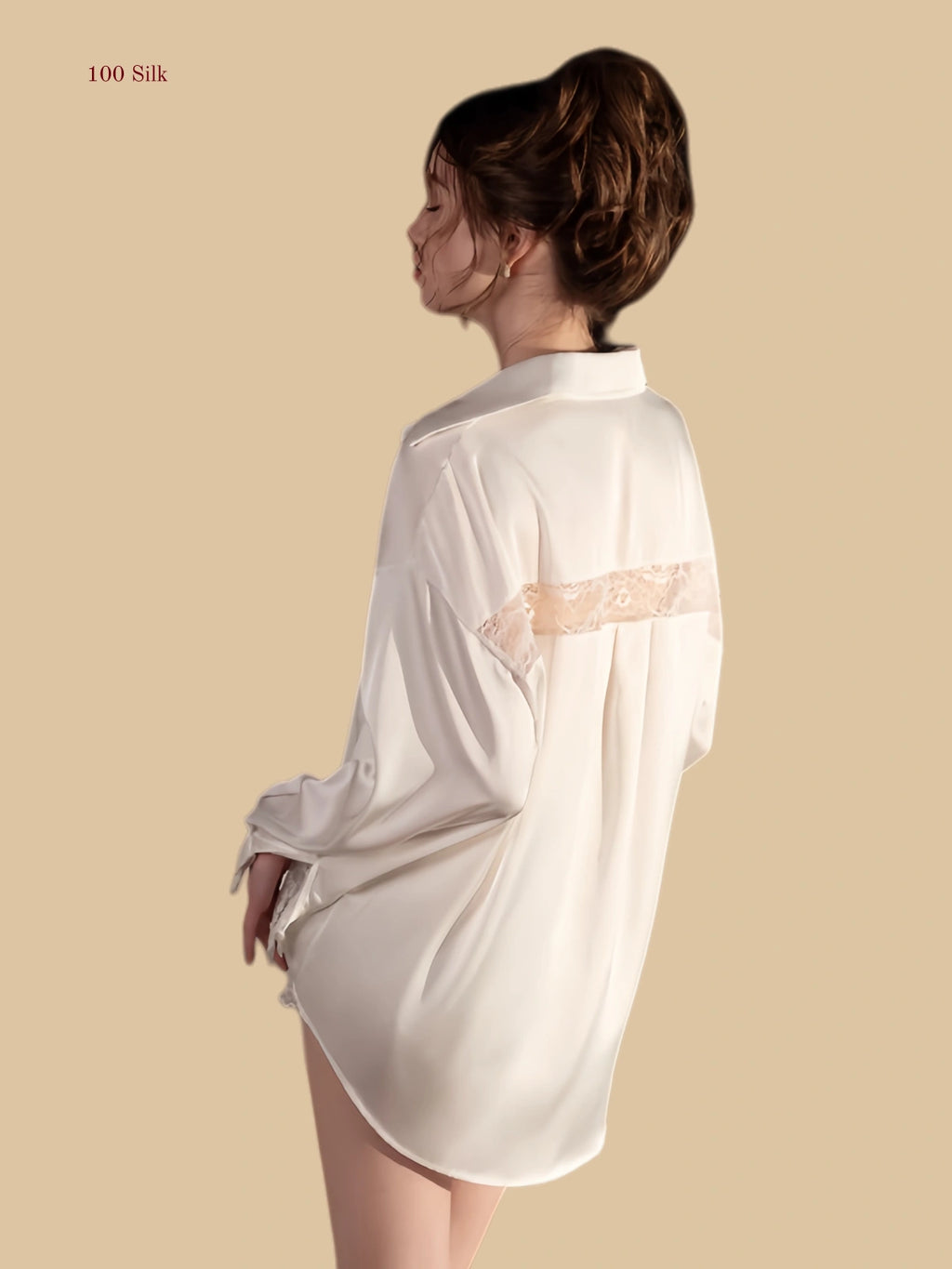 White 19mm silk open-back loungewear two-piece back with floral lace detail”