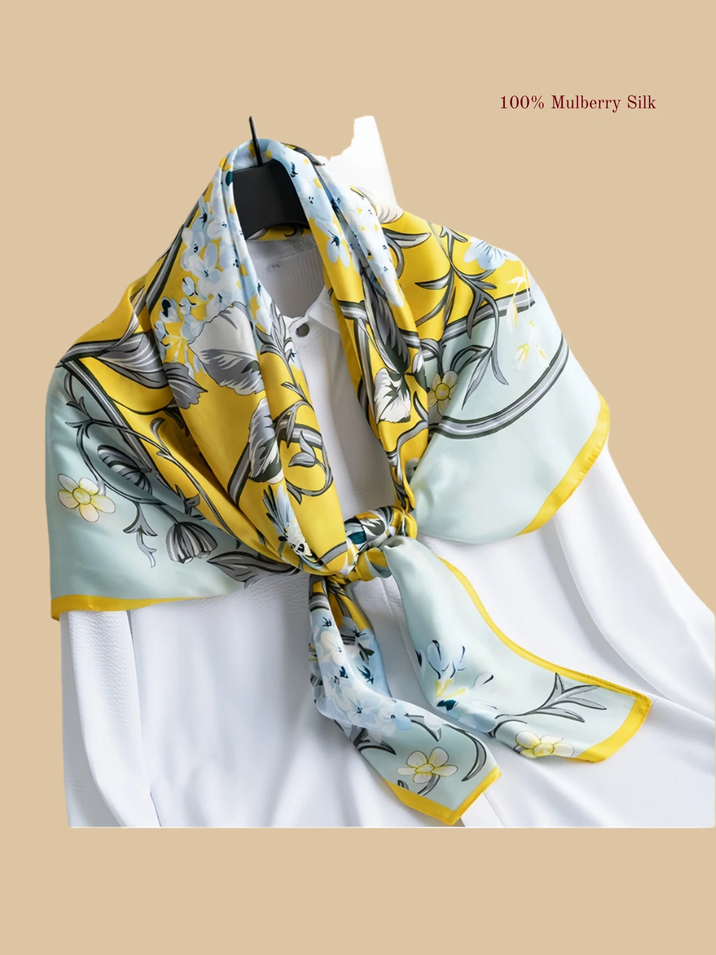 100% mulberry silk square scarf product information image with 42.52 x 42.52 inch size
