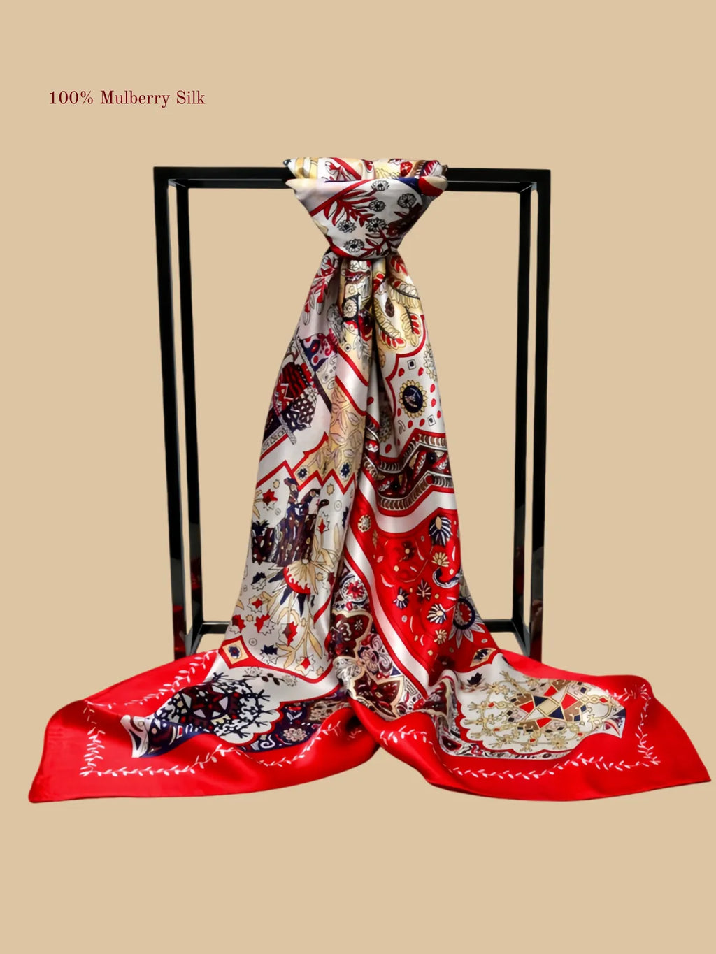 100% mulberry silk square scarf product information image with 42.52 x 42.52 inch size