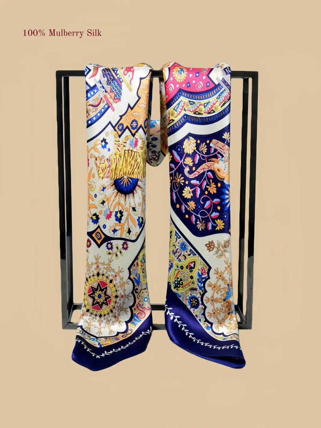 100% mulberry silk square scarf product information image with 42.52 x 42.52 inch size