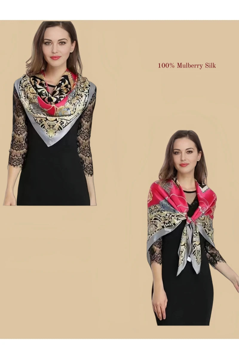 100% mulberry silk square scarf product information image with 42.52 x 42.52 inch size