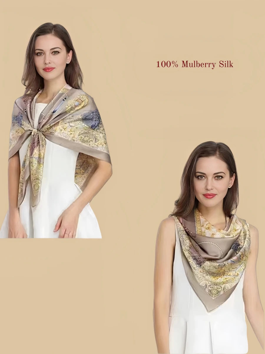100% mulberry silk square scarf product information image with 42.52 x 42.52 inch size