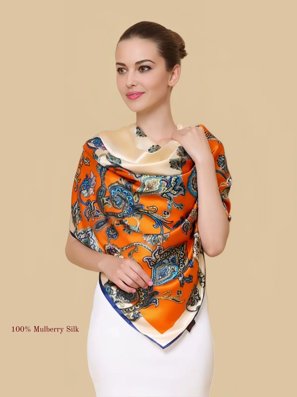 100% mulberry silk square scarf product information image with 42.52 x 42.52 inch size