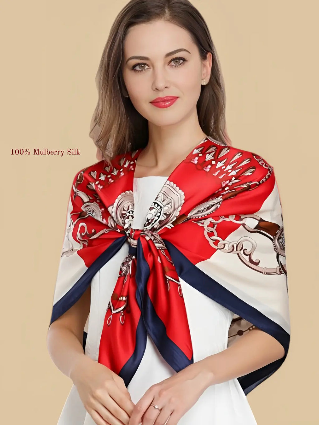 100% mulberry silk square scarf product information image with 42.52 x 42.52 inch size