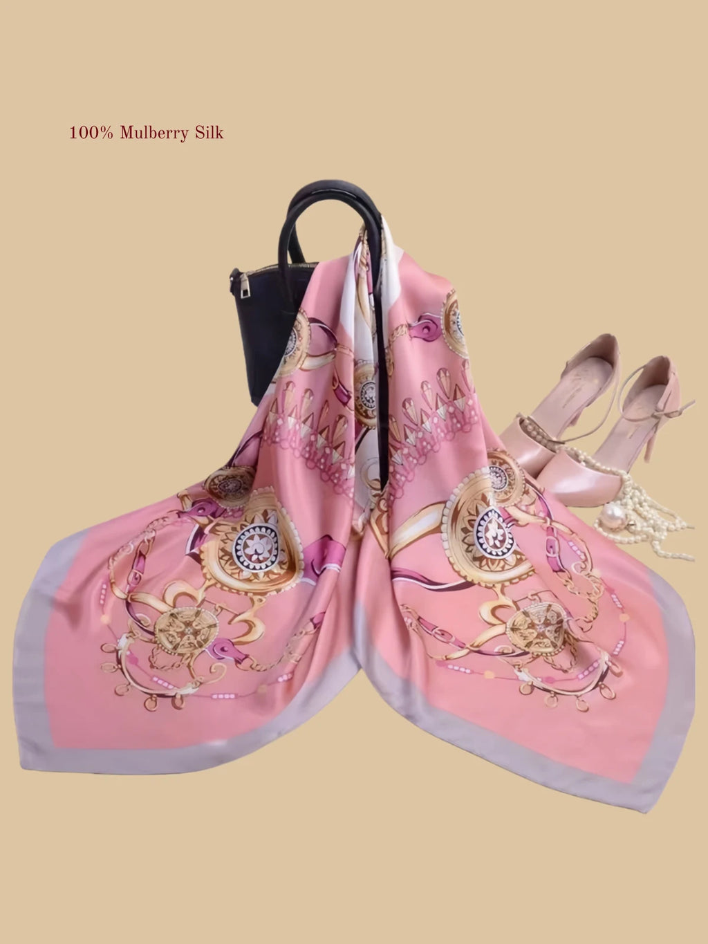 100% mulberry silk square scarf product information image with 42.52 x 42.52 inch size
