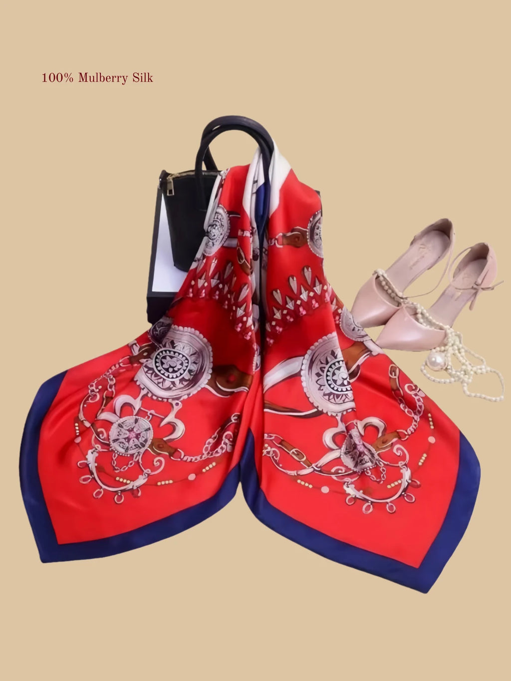 100% mulberry silk square scarf product information image with 42.52 x 42.52 inch size