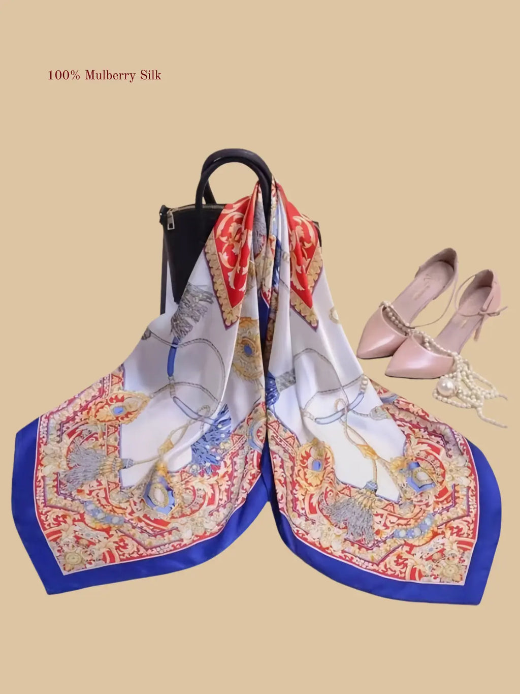100% mulberry silk square scarf product information image with 42.52 x 42.52 inch size