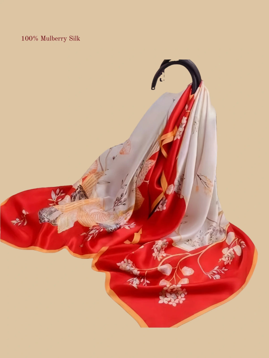 100% mulberry silk square scarf product information image with 42.52 x 42.52 inch size