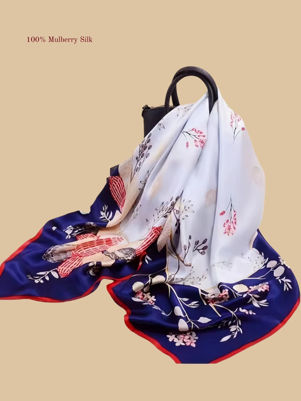 100% mulberry silk square scarf product information image with 42.52 x 42.52 inch size