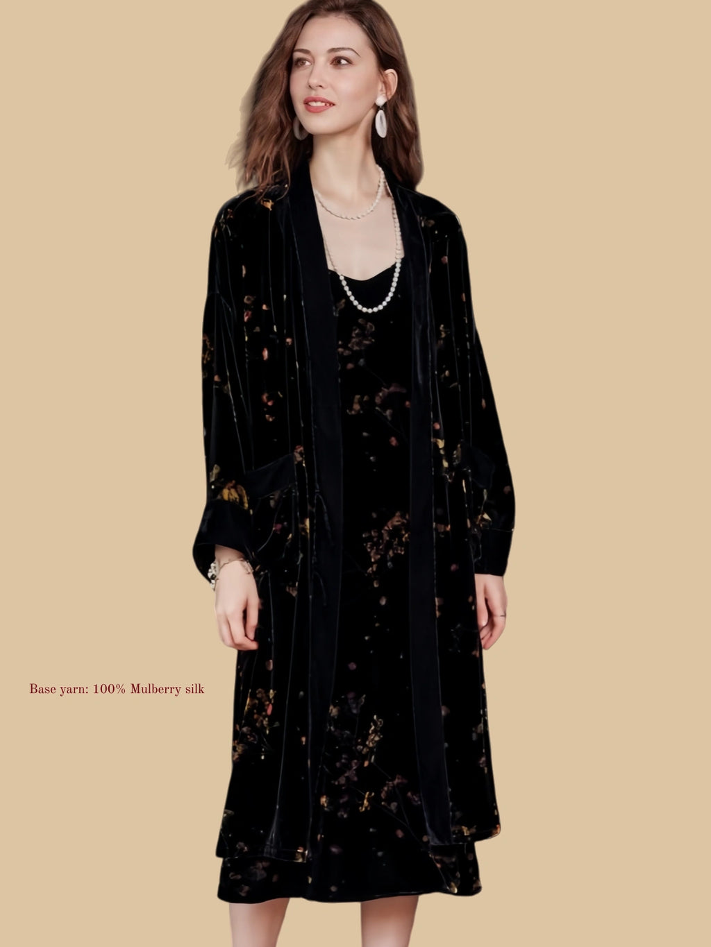 Black silk velvet robe set front view with open-front robe, self-tie belt, and floral velvet slip dress
