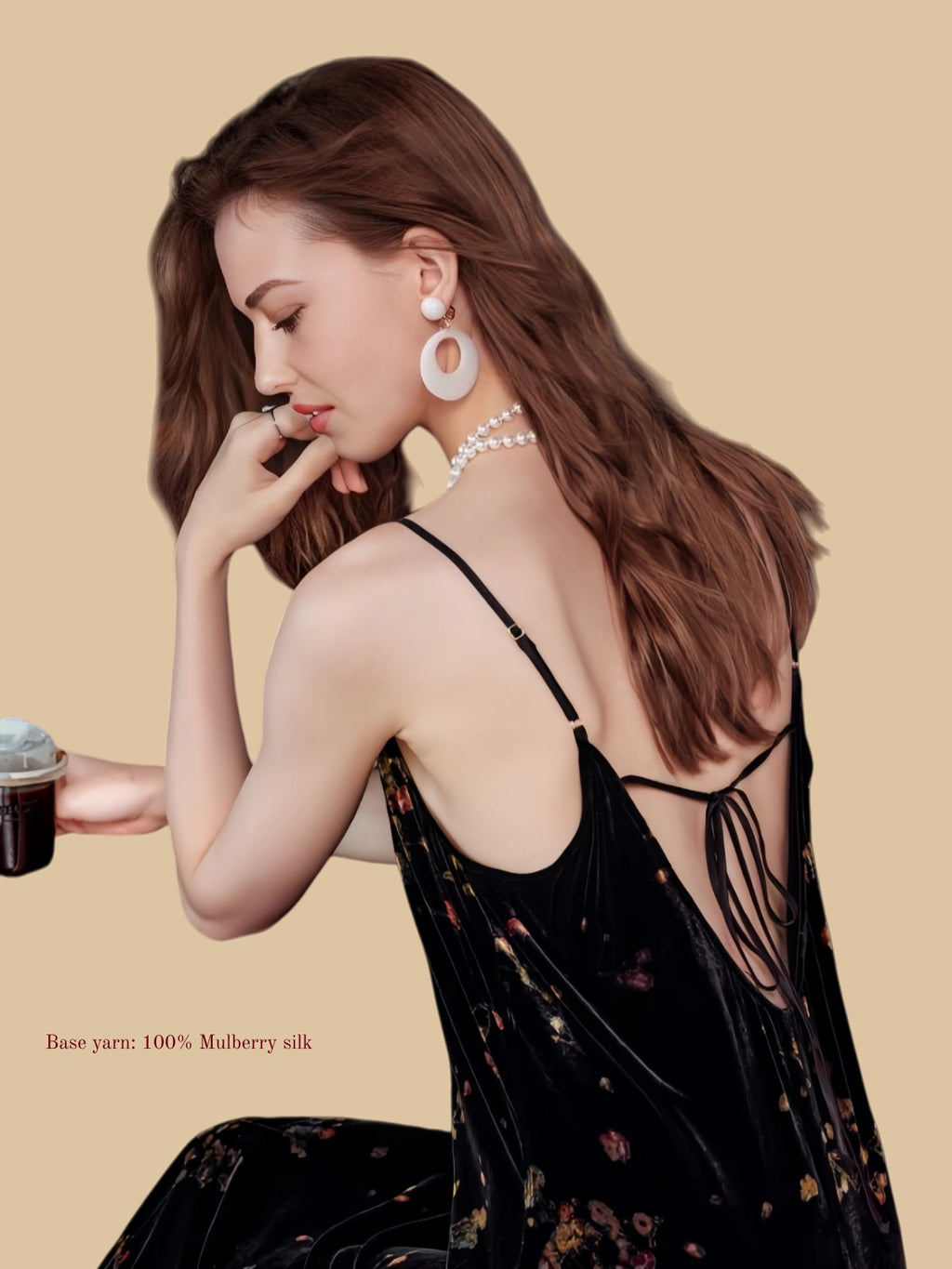 Black silk velvet slip dress back view with low open back and tie detail