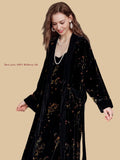 Black silk velvet robe set front view with open-front robe, self-tie belt, and floral velvet slip dress