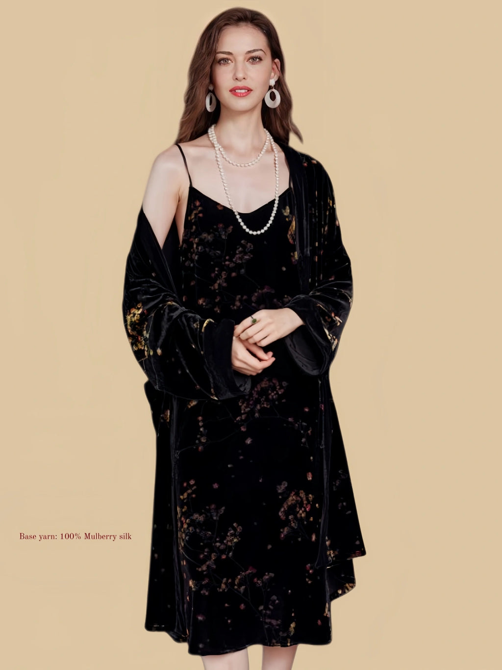 Black silk velvet robe and slip dress layered view with spaghetti straps and midi hem