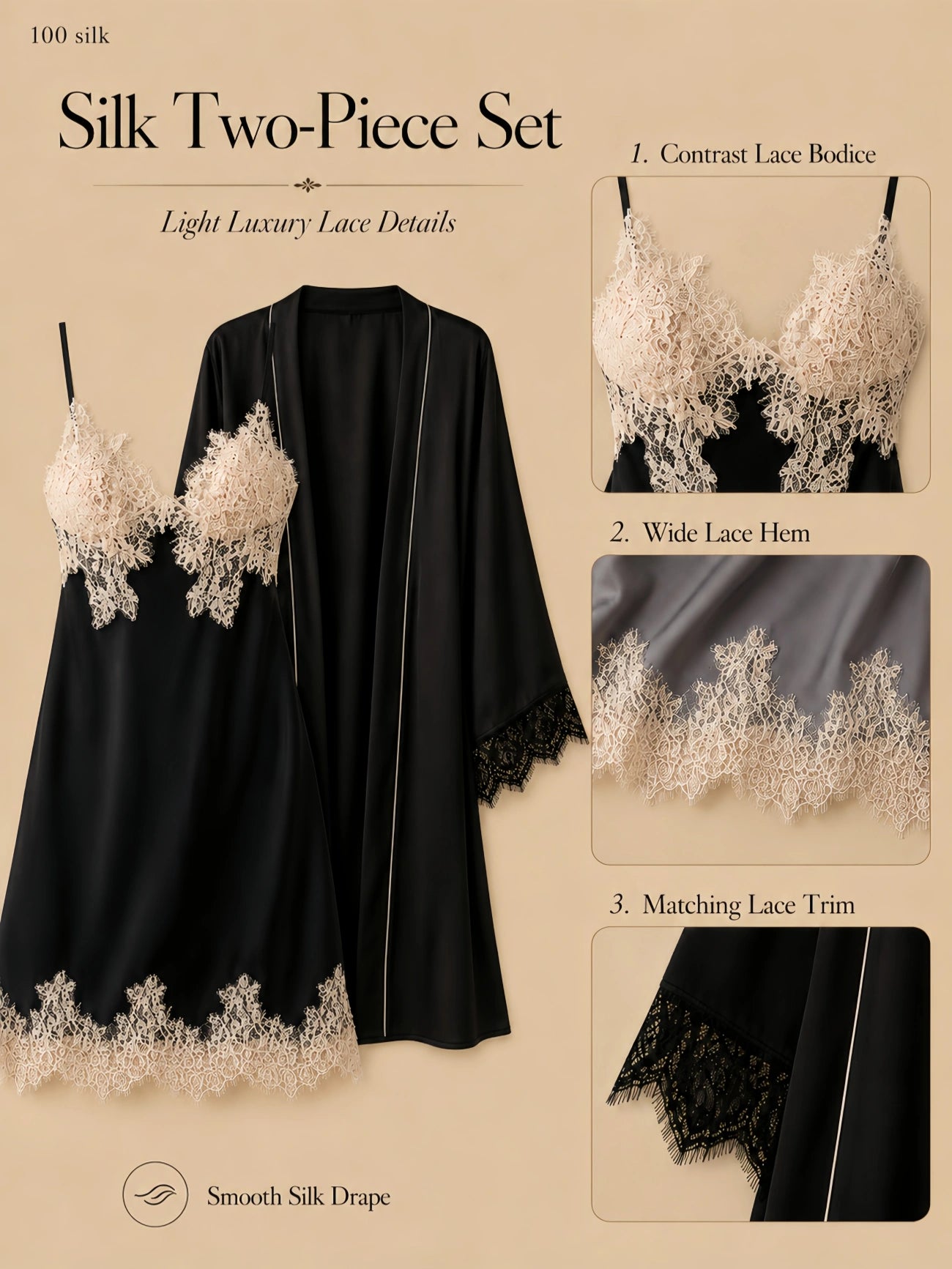Black silk two-piece set with white lace bodice, wide lace slip hem, smooth drape, and matching robe