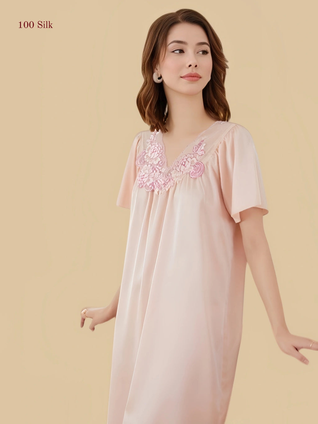 pink 19mm silk mini nightgown short sleeve v-neck with sheer mesh embroidery front view