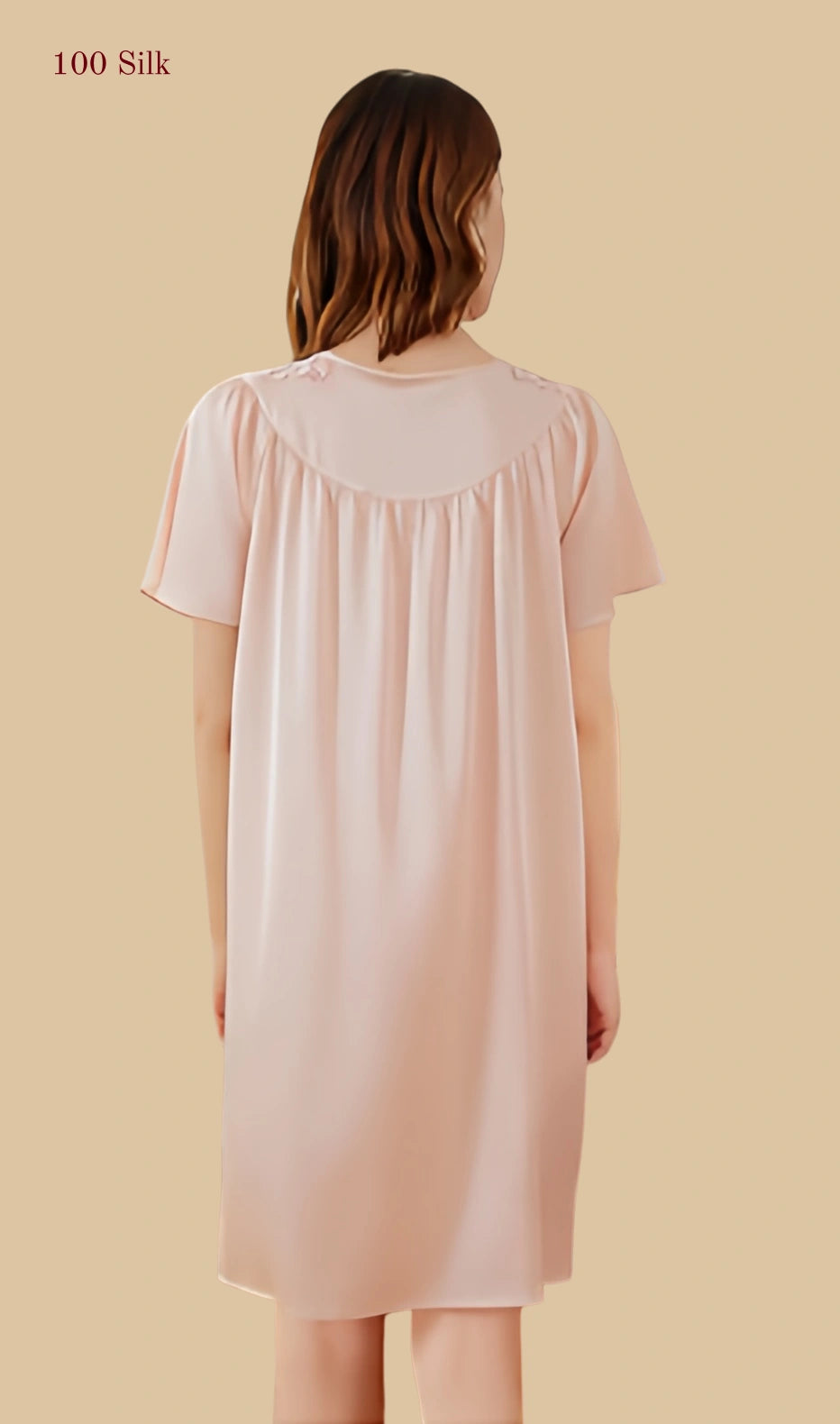 pink 19mm silk mini nightgown short sleeve v-neck with sheer mesh embroidery back view