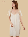 off-white 19mm silk mini nightgown short sleeve v-neck with sheer mesh embroidery front view