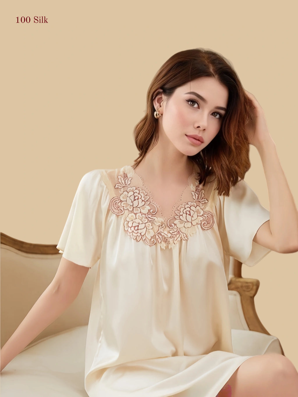 off-white 19mm silk mini nightgown short sleeve v-neck with sheer mesh embroidery front view